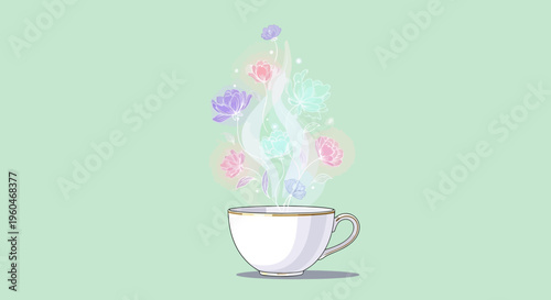 Magical Floral Steam Rising from a Delicate Tea Cup
