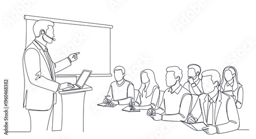 Business Presentation: Speaker at Podium with Laptop, Audience Attending Seminar