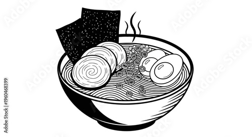 Hand-drawn Ramen Bowl Illustration with Noodles, Egg, and Seaweed