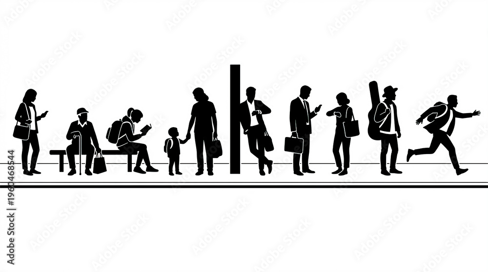 Obraz premium Transit Platform Waiting Silhouettes Vector Commuter Crowd Transportation Icons