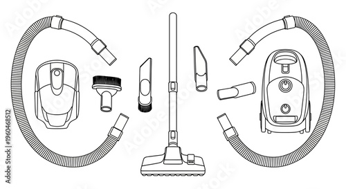 Vacuum Cleaner and Accessories Line Art Drawing - Isolated on White Background