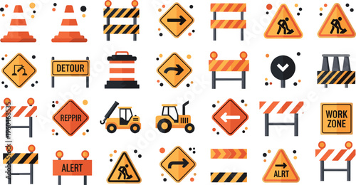 Road construction signs collection with cones barriers detour warning symbols work zone traffic icons vector illustration set isolated on white background