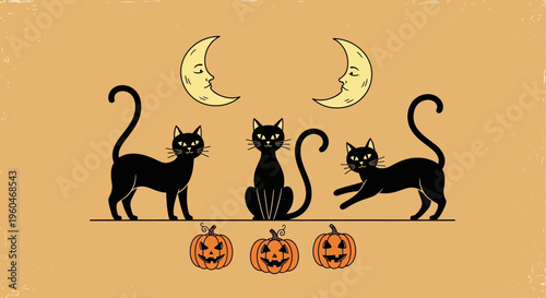 Halloween Black Cats and Pumpkins with Crescent Moons on Orange Textured Background