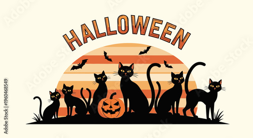 Halloween Black Cats Silhouette with Pumpkin and Bats against Sunset
