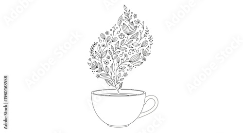 Hand-drawn illustration of steaming tea cup with floral steam, black and white line art
