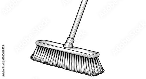 Black and White Illustration of a Broom with a Long Handle, Cleaning Tool