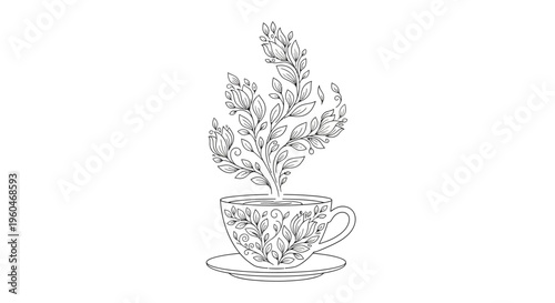 Herbal Tea Cup Drawing with Steaming Leaves and Flowers