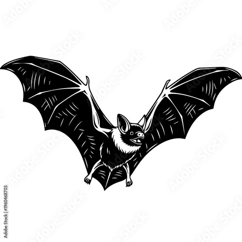 Silhouetted black bat in mid-flight with outstretched wings bold illustration.