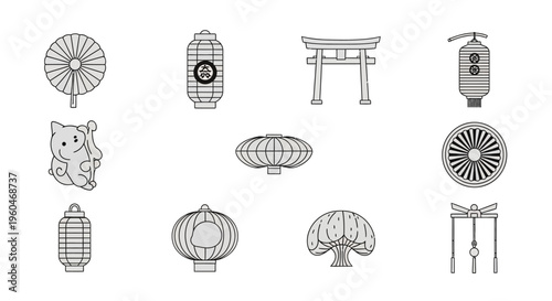 Japanese Icons: Torii Gate, Lanterns, Fan, Lucky Cat, and Decorative Elements