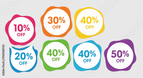 Colorful Discount Tags: 10%, 20%, 30%, 40%, 50% Off Sale Labels