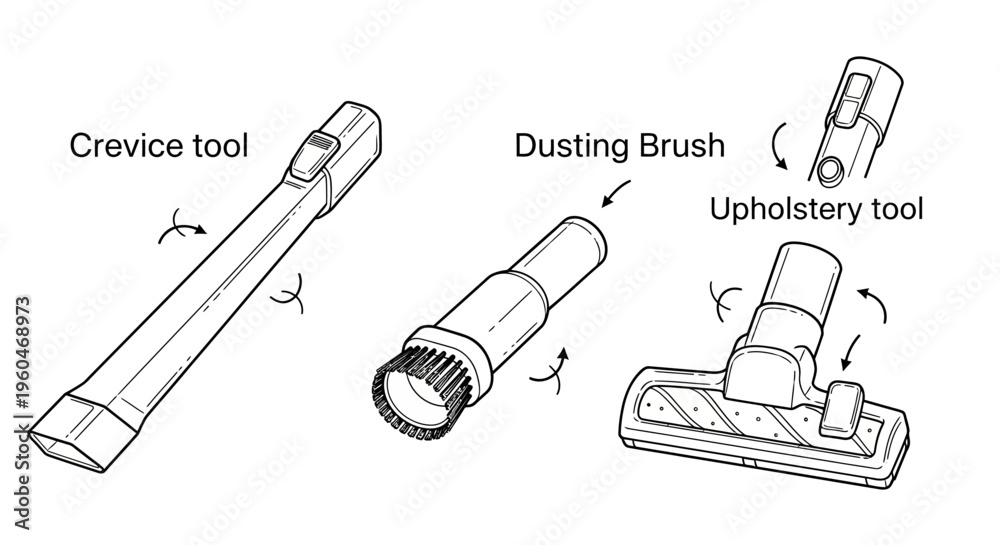 Fototapeta premium Vacuum Cleaner Attachments: Crevice, Dusting Brush, Upholstery Tools for Cleaning