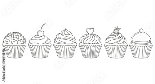 Hand-drawn cupcakes line art collection, isolated on white background, sweet dessert icons
