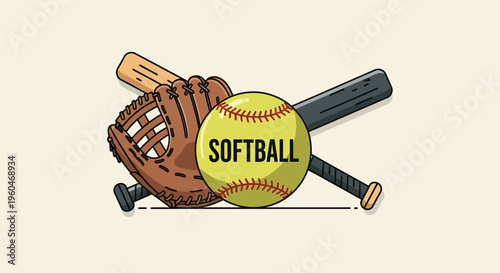 Softball Equipment: Ball, Glove, and Crossed Bats on a Light Cream Background
