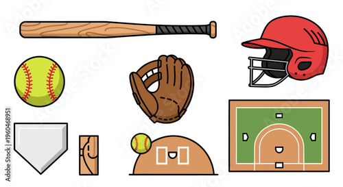 Softball Equipment Collection: Bat, Ball, Glove, Helmet, Field, Home Plate, Bases