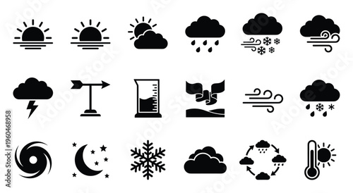 Diverse collection of weather and atmospheric phenomena glyphs such as sunrise, moon, hurricane, and water cycle, suitable for various digital interfaces, educational content, and