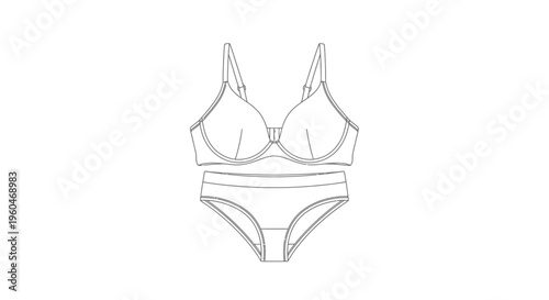 Detailed line drawing of a modern women's intimate apparel set featuring a bra and matching briefs