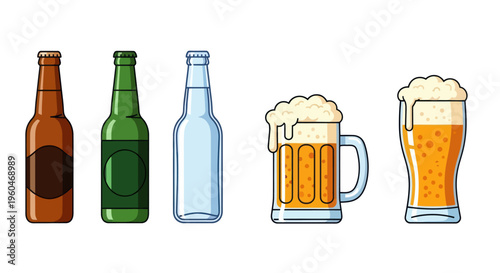 Variety of Beer Bottles and Mugs Filled with Golden Beer and Frothy Foam