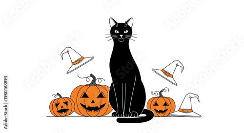 Black Cat with Pumpkins and Witch Hats - Halloween Celebration