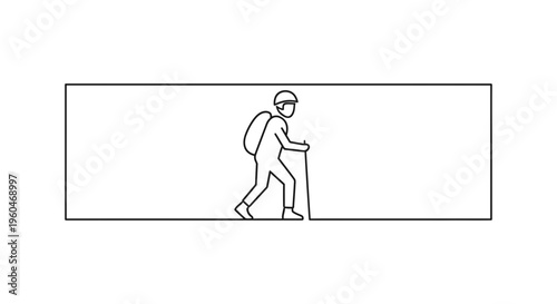 Minimalist continuous line drawing of an outdoor adventurer with backpack and trekking pole,