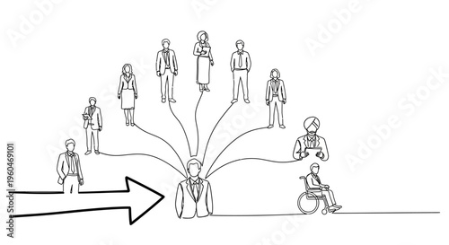Teamwork concept: leader connecting with diverse employees, including disabled person and Sikh man.