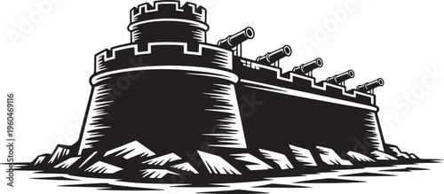 Bold graphic of historical circular tower fortress with cannons lined along the defensive wall
