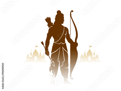 Lord Rama standing with bow in brown silhouette and soft temple backdrop, elegant Ram Navami devotional figure on white background in vector style