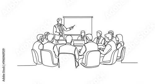 Business meeting in progress, speaker presenting to attentive audience in conference room