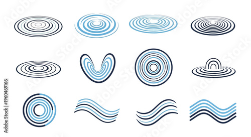 Abstract Water Ripple and Wave Icons: Circular Patterns, Flowing Lines, Blue and Black