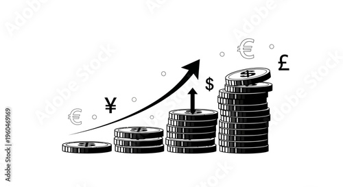 Financial Growth Chart with Currency Symbols and Rising Stacks of Coins