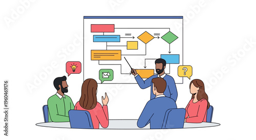 Business meeting: team planning strategy with flowchart presentation on whiteboard
