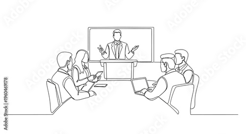 Business meeting with remote speaker on screen, diverse team collaborating in office