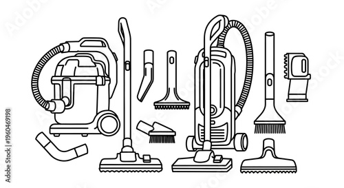 Vacuum Cleaner Set: Upright, Canister, and Attachments - Cleaning Tools Line Art