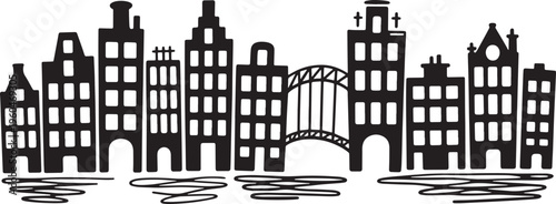 City skyline silhouette of historic buildings and bridge over water reflection