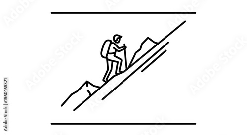 Minimalist line illustration of an adventurer ascending a steep mountain path with trekking gear