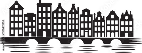 Dutch canal houses bridge silhouette reflection water city skyline architecture