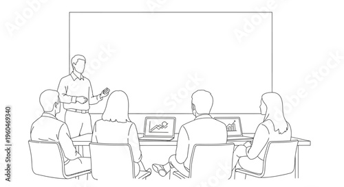 Business meeting presentation with people around a table and a whiteboard