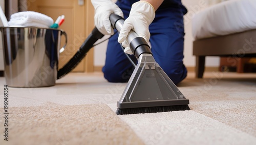 Hotel room cleaning with professional vacuum and tools. Scene highlights housekeeping routine, room sanitation, and maintaining cleanliness standards for guest comfort