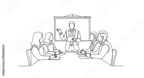 Business meeting presentation, speaker addressing audience around a table, teamwork concept