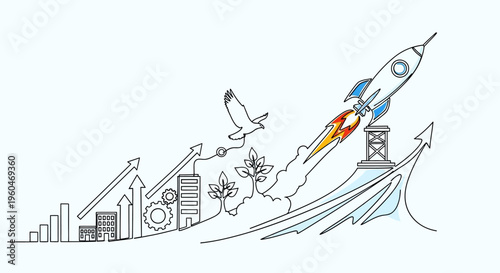 Rocket Launching Upward with Business Growth and Bird Flying