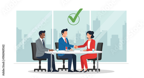 Business meeting success, handshake agreement, diverse team celebrating deal in modern office