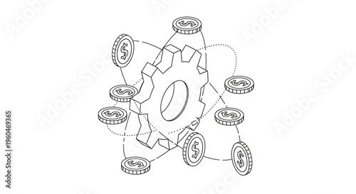 Gear with Coins, Business Concept, Financial Growth, Investment Strategy, Economic Mechanism