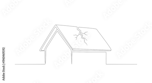 Minimalist continuous line drawing of a residential house with a significant roof crack