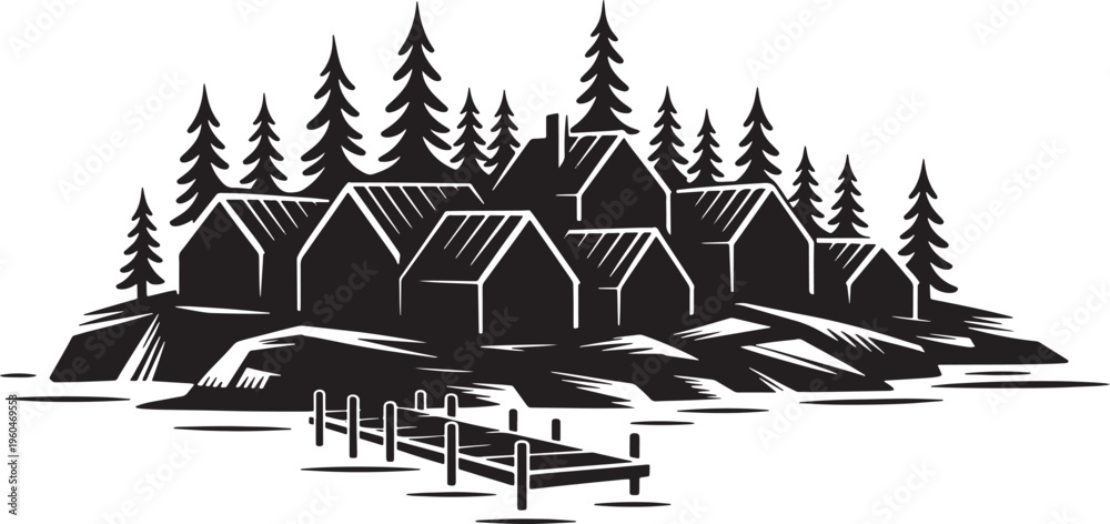 Obraz premium Lake village island silhouette with wooden houses and pine trees. Black and white vector illustration