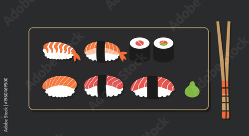 Assortment of Fresh Sushi and Chopsticks on a Dark Platter