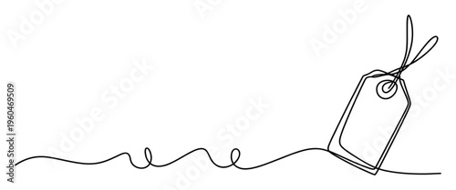 One continuous minimalist curvy line forming a blank hanging price tag with a string, ideal for ecommerce graphics, sales promotions, and shopping event announcements.