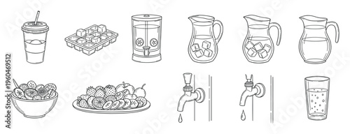 Collection of refreshing summer drinks, ice cubes, fruit salads, and water taps, perfect for healthy lifestyle blogs, beverage advertisements, or restaurant menus.