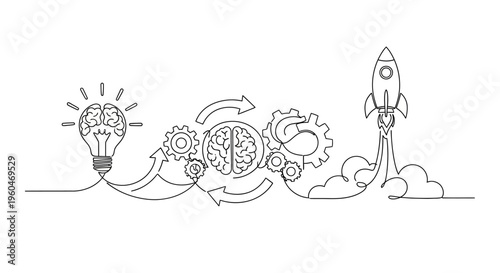 Brainstorming to Launch: Idea Bulb, Gears, Brain, Rocket Launch, Innovation Concept