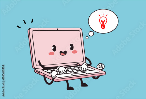 Happy pink cartoon laptop typing, envisioning a brilliant idea with glowing lightbulb in thought bubble, representing digital creativity, innovation, inspired solutions