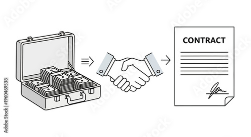 Business Deal: Briefcase Full of Money, Handshake, and Signed Contract