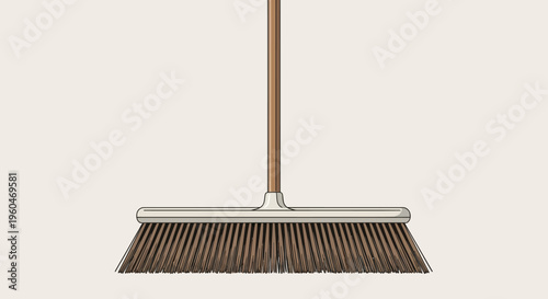 Simple Broom with Wooden Handle and Brown Bristles on a Light Background